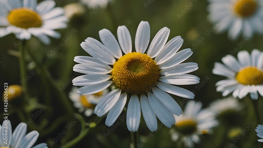 Fototapeta premium Beautiful field of daisies with focus on a single white daisy flower