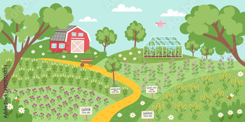 Sustainable and regenerative farming concept banner. Gardening nature landscape. Fields with different types of cover crops, farmhouse and greenhouse. Vector hand drawn flat background.