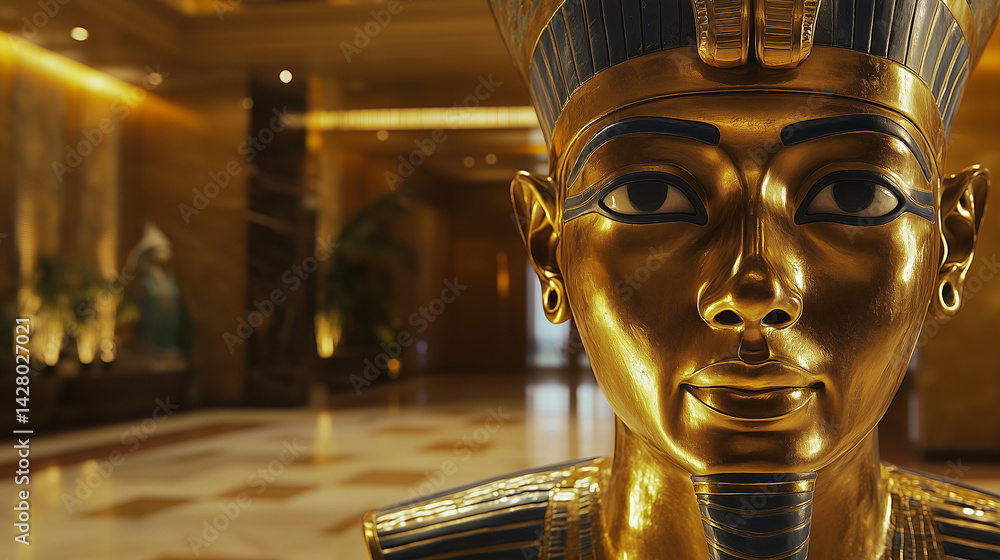 Fototapeta premium Golden mask of Egyptian Pharaoh on museum display with warm light