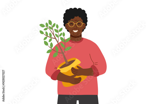 Gardening, spring, ecology and planet care concept. Farmer holding sapling solated on white. Vector flat clipart.