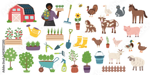 Set of gardening and farming objects. Farming and gardening concept cliparts isolated on white background. Garden equipment and farm animals. Vector hand drawn elements collection.