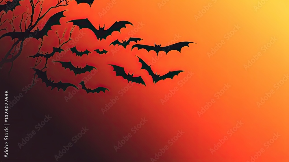 Silhouette of bats flying against a spooky orange sky Silhouette of bats flying against a spooky orange sky