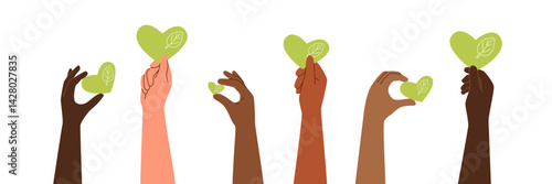Set of human hands holding green hearts. Nature, ecology, planet care concept banner. Background of people hands with green hearts. Vector flat banner.