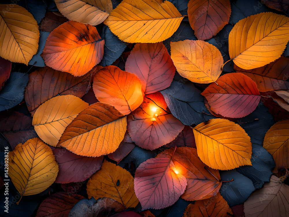 Fototapeta premium Fallen leaves in autumn colors creating a warm textured pattern with shades of orange red and brown