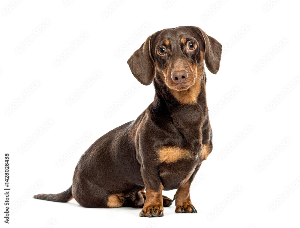 Dachshund dog sitting and looking forward on white background Dachshund dog sitting and looking forward on white background