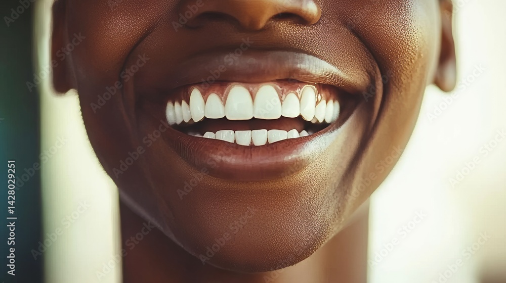 Fototapeta premium In a simple studio with a beige background, a man's joyful smile and his impeccably white teeth are prominent