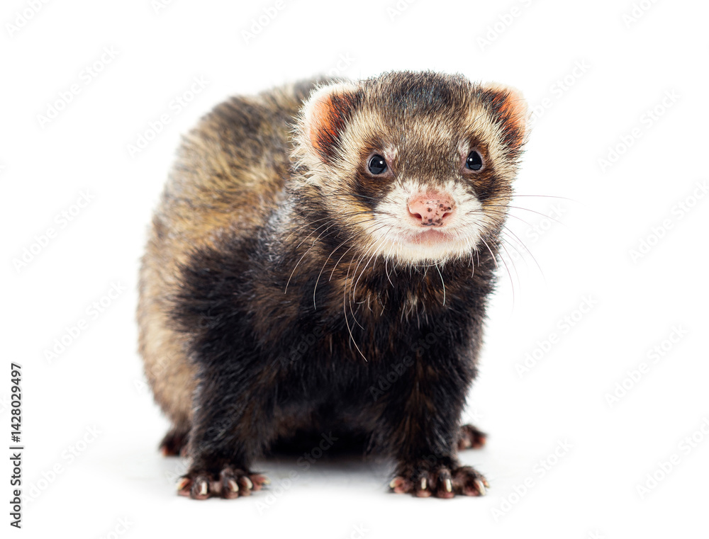 Ferret standing on all fours and looking forward curiously against a white background