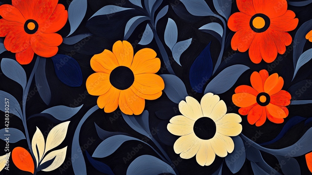 custom made wallpaper toronto digitalFloral Pattern with Dark Blue Background: Bright Colors and High Contrast for a Lively Feeling. Ideal for Textile Design, Wallpaper, Wrapping Paper, and Decorative Paintings
