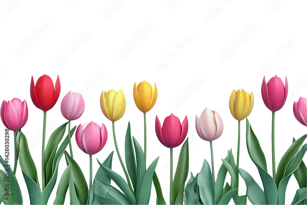 Vibrant Colorful Tulip Blossom Row on Transparent Background, PNG Vibrant Colorful Tulip Blossom Row on Transparent Background, PNG