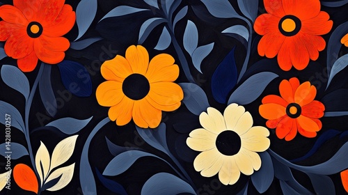 Wallpaper Mural Floral Pattern with Dark Blue Background: Bright Colors and High Contrast for a Lively Feeling. Ideal for Textile Design, Wallpaper, Wrapping Paper, and Decorative Paintings Torontodigital.ca