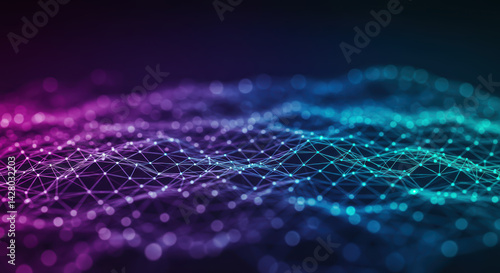 A stunning digital network with glowing dots and connected lines on a dark background.