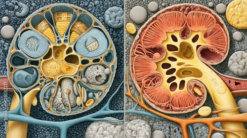 Wallpaper Mural Preeclampsia Awareness Month. Detailed side-by-side illustration of normal vs. preeclamptic kidney glomeruli, highly detailed cellular structures,  microscopic view, professional medical illustration Torontodigital.ca