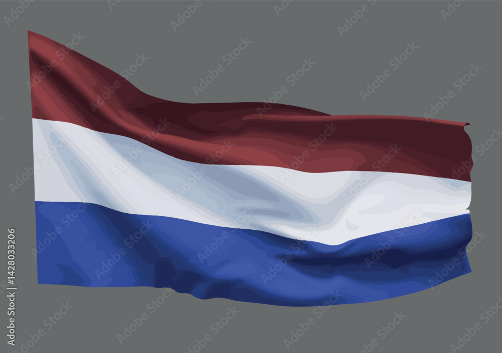 Fototapeta premium The flag of the Netherlands flutters against a neutral background. Vector.