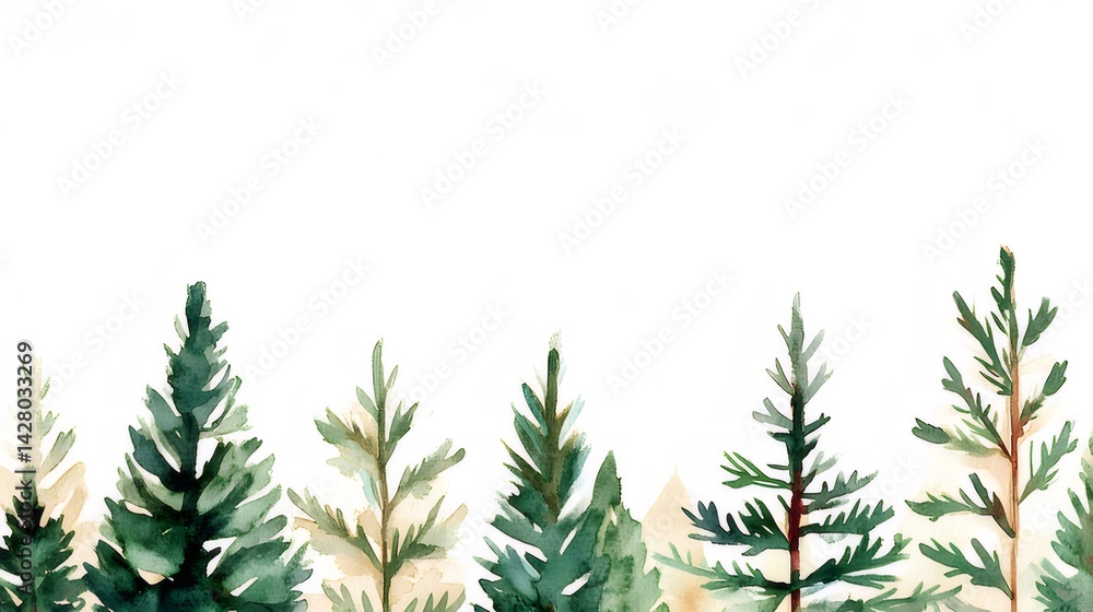 水彩画の緑の木々が並んだ背景の白い空間に森林の葉のパターンを配置 水彩画の緑の木々が並んだ背景の白い空間に森林の葉のパターンを配置