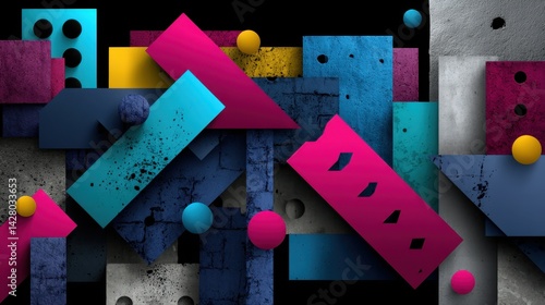 Abstract Geometric Composition with Colorful Blocks and Spheres in Modern Design Style