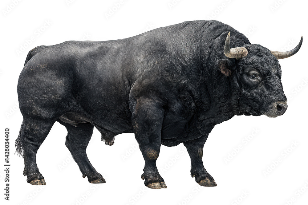 Naklejka premium Powerful black bull strong muscular animal farm livestock cow art fur wild on transparent background