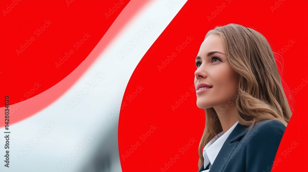 Smiling businesswoman on red background, Confident female leader looking ahead, Used for branding or success concept