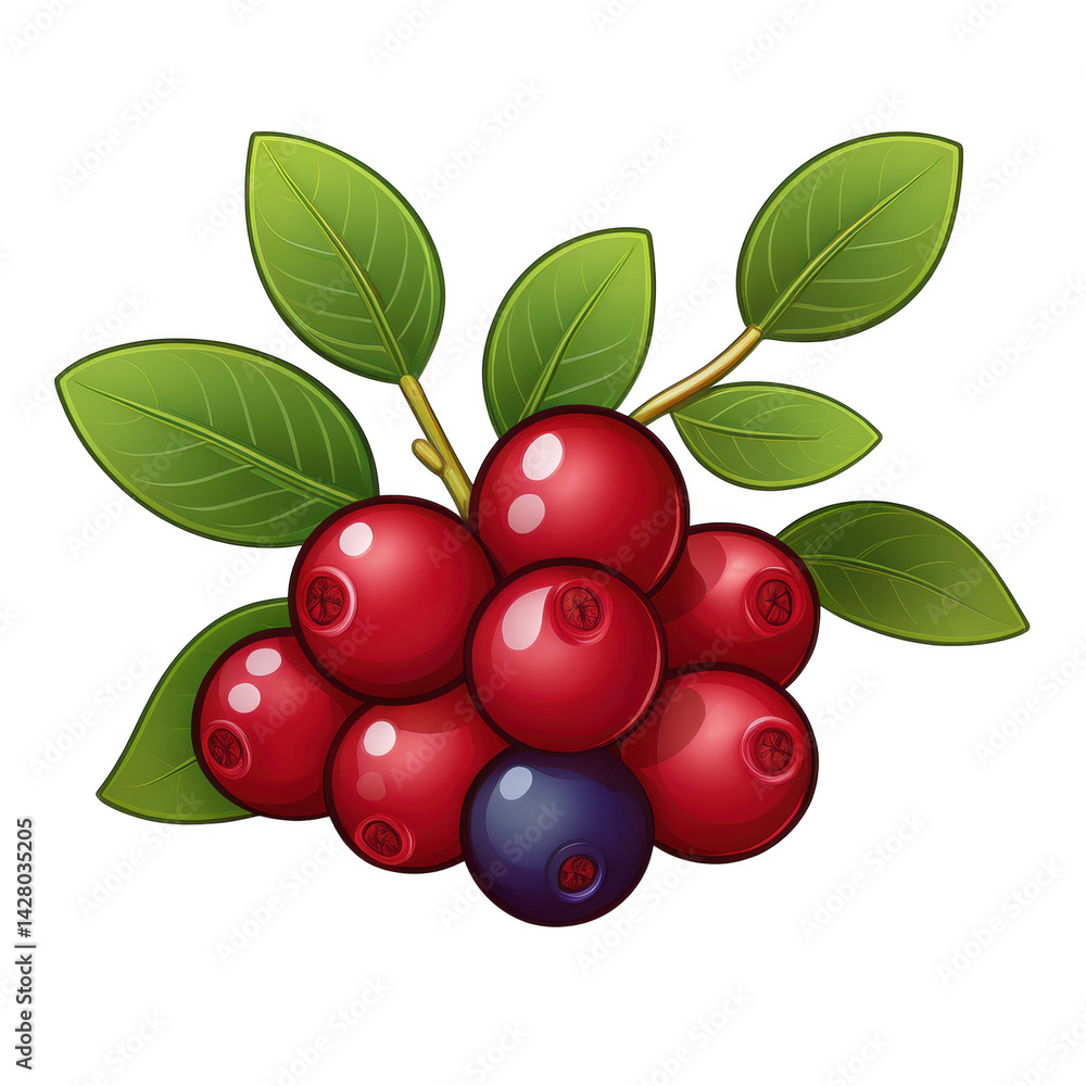 Obraz premium Fresh Red Cranberries and Blueberries Cluster with Green Leaves A Vibrant and Healthy Berry Harvest Illustration