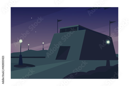 a lonely bunker surrounded by floodlights under perpetual night