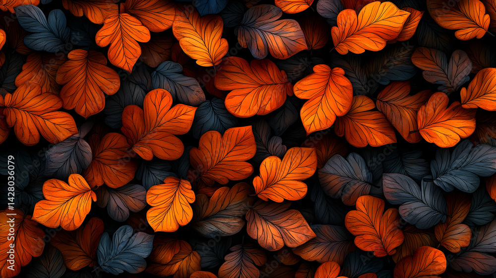 Orange and dark blue leaves form a seamless pattern creating a fall foliage aesthetic with intricate vein details Orange and dark blue leaves form a seamless pattern creating a fall foliage aesthetic with intricate vein details