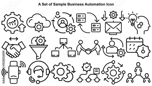 Business Automation Icons Set, Outline Style, Workflow Solution, Transparent Background