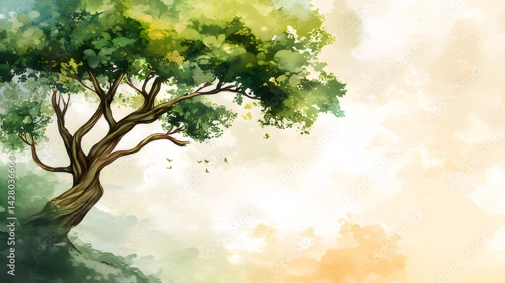 太陽の下 鮮やかな緑の葉を持つ木 水彩風の背景に描かれた風景画 暖色系の光と穏やかな雰囲気 太陽の下 鮮やかな緑の葉を持つ木 水彩風の背景に描かれた風景画 暖色系の光と穏やかな雰囲気