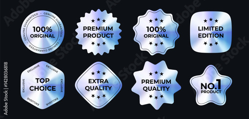 Luxury Holographic Badges Set With Premium Product Labels On Dark Background. Metallic Gradient Stickers Collection For Branding, Packaging, Promotion Or Advertising Design. Vector Illustration.