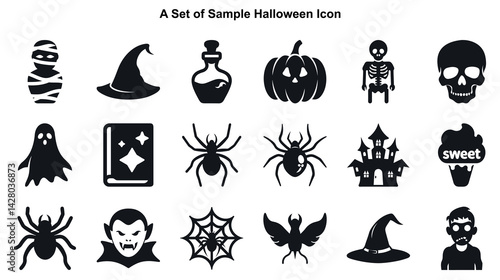 Halloween Icon Set, of Spooky Symbols like Ghost, Mummy and Vampire