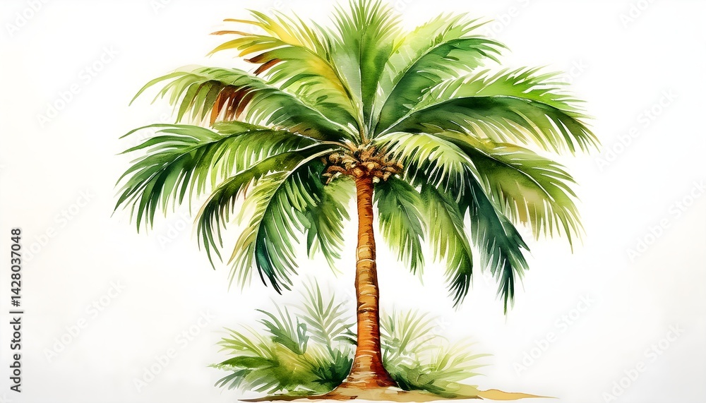 Fototapeta premium A vibrant watercolor painting depicts a single, tall palm tree against a white background.