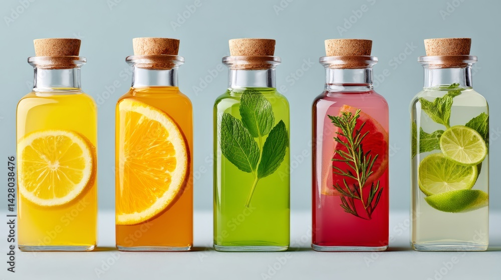 Row of five bottles with different colored liquids inside. The bottles are lined up next to each other Row of five bottles with different colored liquids inside. The bottles are lined up next to each other