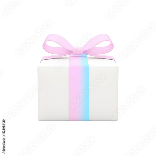 A beautifully wrapped gift box with a pink bow and blue ribbon, perfect for celebrations and special occasions, resting on a white background, ideal for design and festive themes.