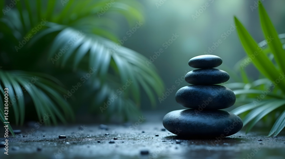Balanced dark stone tower in tranquil natural setting perfect for relaxation imagery, mindfulness content or wellness branding Balanced dark stone tower in tranquil natural setting perfect for relaxation imagery, mindfulness content or wellness branding