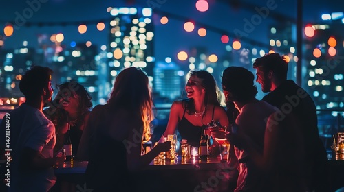Nightlife Rooftop Party Friends Enjoying Drinks Cityscape