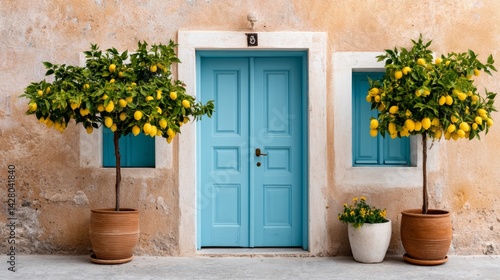 Blue door with two windows and a yellow door. The door is in front of two lemon trees