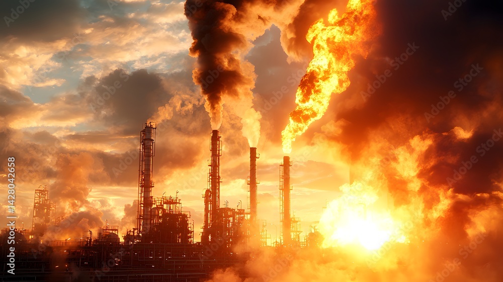 Fototapeta premium Gujaba oil refinery structures at golden hour industrial landscape dusk