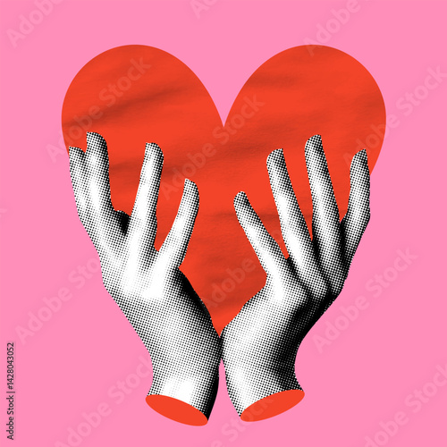 Halftone hands holding heart. Valentines day greeting card. Concept of love, charity, hope. World heart day banner