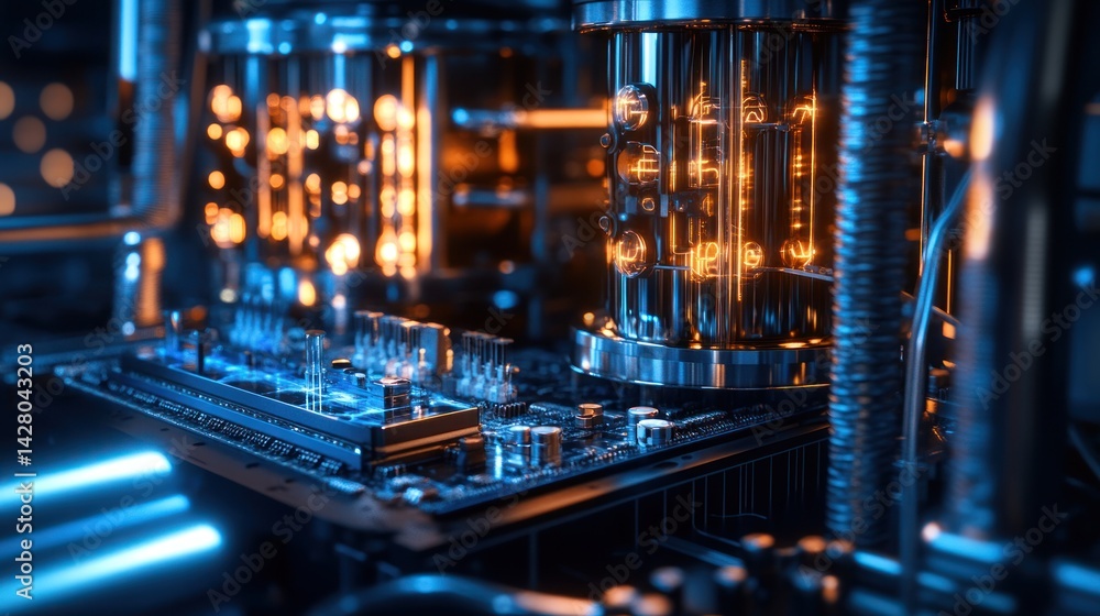 Close-up of a circuit board with blue and orange lights in the background. Close-up of a circuit board with blue and orange lights in the background.