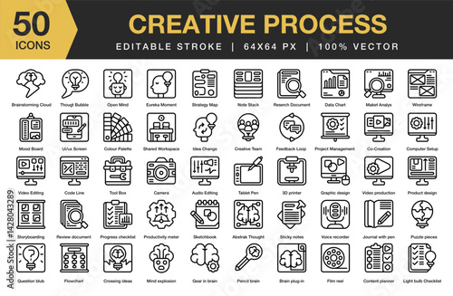 Creative Proses icon set. Editable Stroke Icon Collection. Includes business, creative, process, strategy, marketing, idea, and More. Outline icons vector collection.