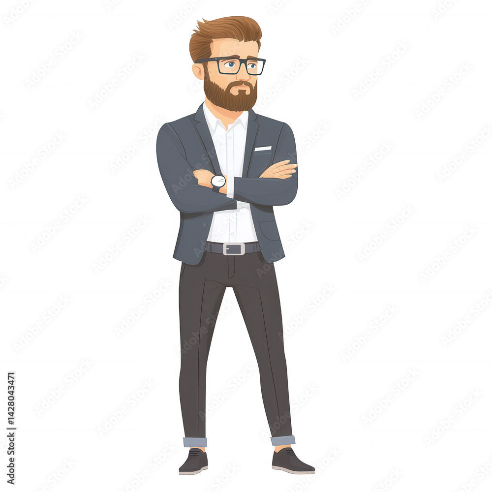 Obraz premium A confident businessman standing with crossed arms, wearing a formal suit and glasses, isolated on a white background. Ideal for corporate themes and professional profiles.
