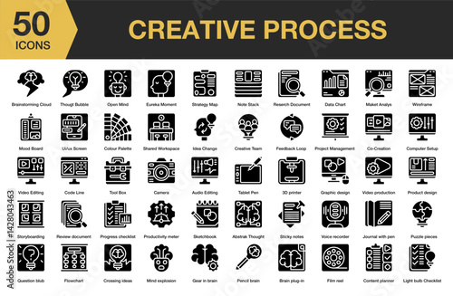 Creative Proses solid icon set. Includes technology, information, development, plan, work, creativity, and More. Solid icons vector collection.