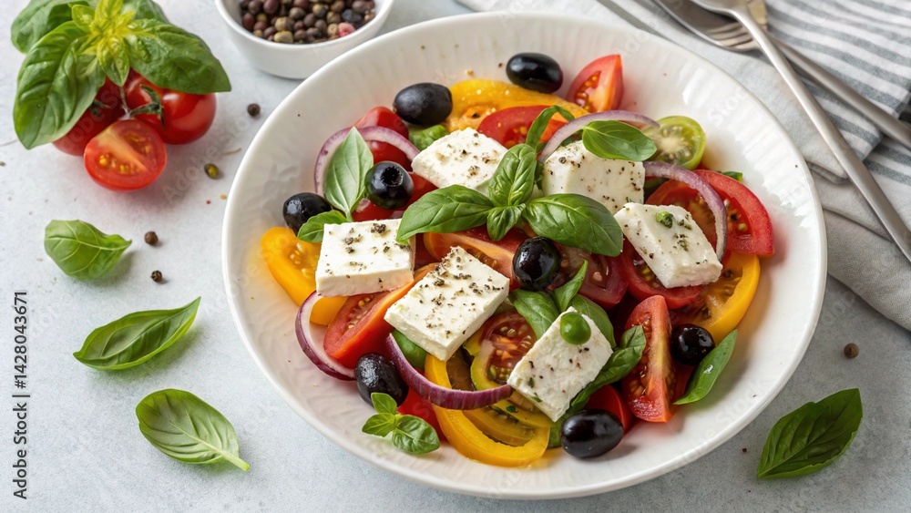 Fresh healthy vegetable Mediterranean food salad of Greek feta cheese, tomato, olives, pepper, lettuce, and green basil leaves, top view Fresh healthy vegetable Mediterranean food salad of Greek feta cheese, tomato, olives, pepper, lettuce, and green basil leaves, top view