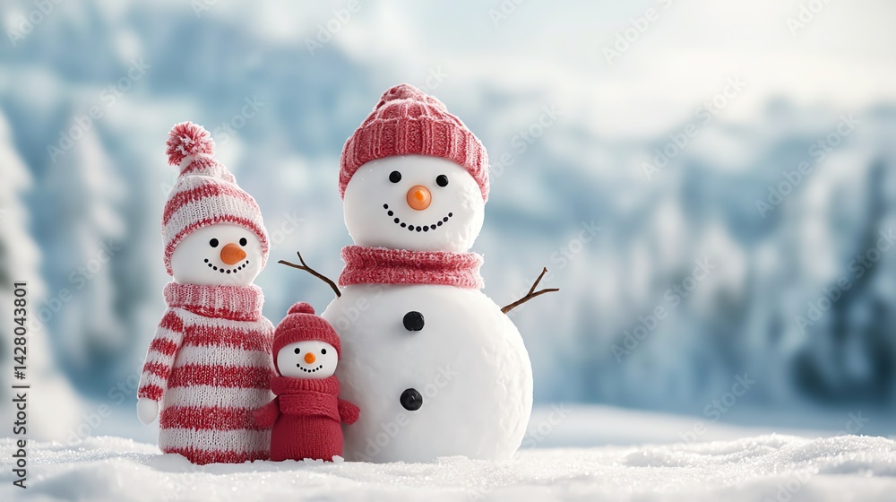Obraz premium Family building snowman together in winter, teamwork fun