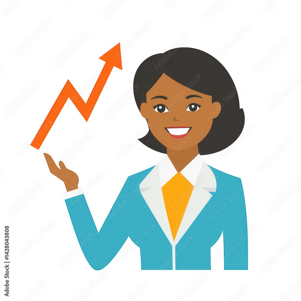 A confident businesswoman presenting an upward trend in growth with a smiling expression, dressed in a professional suit, isolated on a white background. A confident businesswoman presenting an upward trend in growth with a smiling expression, dressed in a professional suit, isolated on a white background.