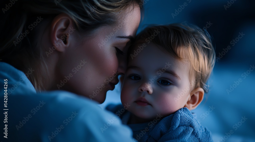 Parent kissing child s forehead during bedtime routine Parent kissing child s forehead during bedtime routine