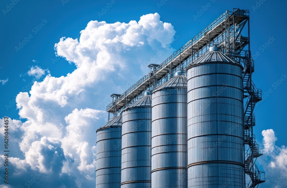 Modern Silos Against a Bright Blue Sky with Fluffy White Clouds in the Background Modern Silos Against a Bright Blue Sky with Fluffy White Clouds in the Background