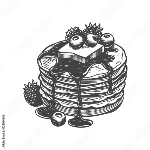 Vintage engraving illustration of pancakes with syrup, butter, berries, honey. Healthy breakfast with pancakes. Vector illustration