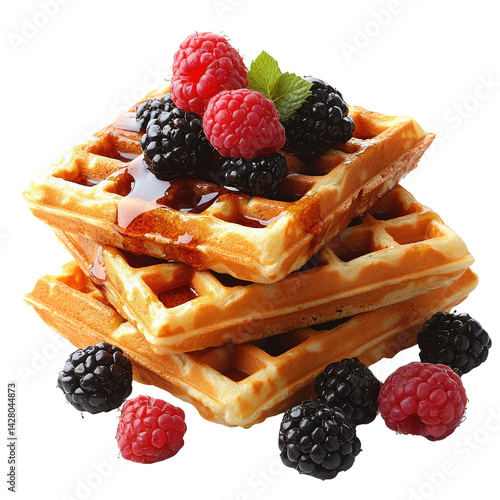 Delicious waffles with fresh raspberries and blackberries breakfast food item on transparent background