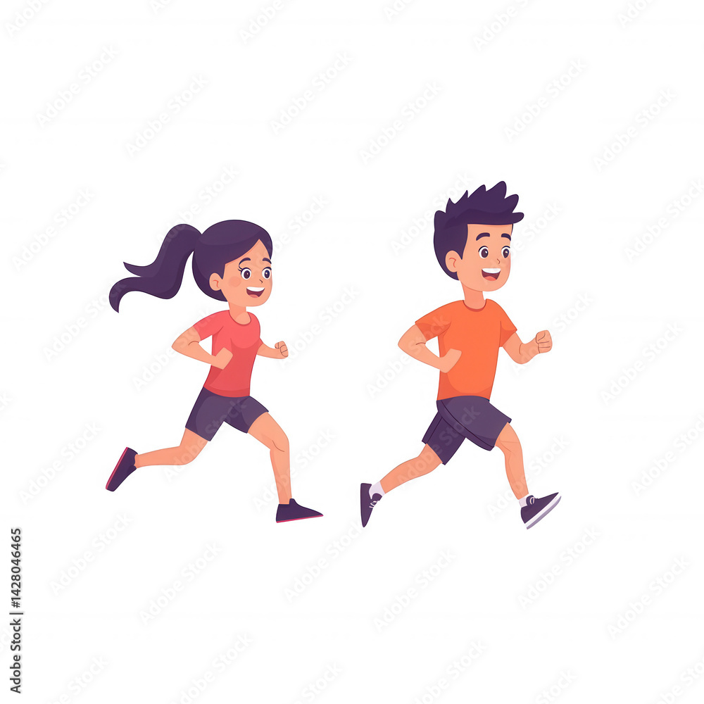 A dynamic illustration of a boy and girl running together, showcasing energy and fitness in a colorful and vibrant style. A dynamic illustration of a boy and girl running together, showcasing energy and fitness in a colorful and vibrant style.