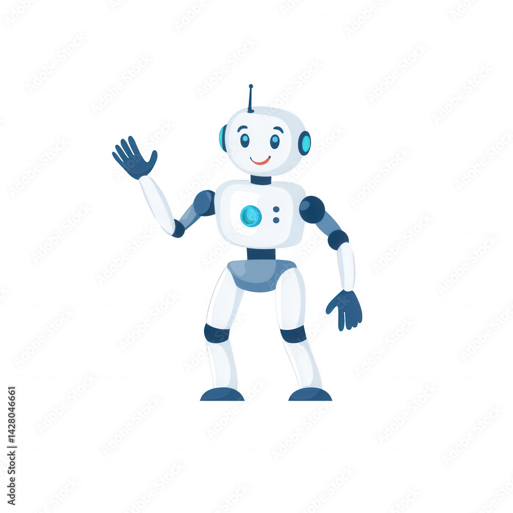 A friendly cartoon robot character waving hello. Ideal for technology, artificial intelligence, and friendly interaction illustrations. A friendly cartoon robot character waving hello. Ideal for technology, artificial intelligence, and friendly interaction illustrations.