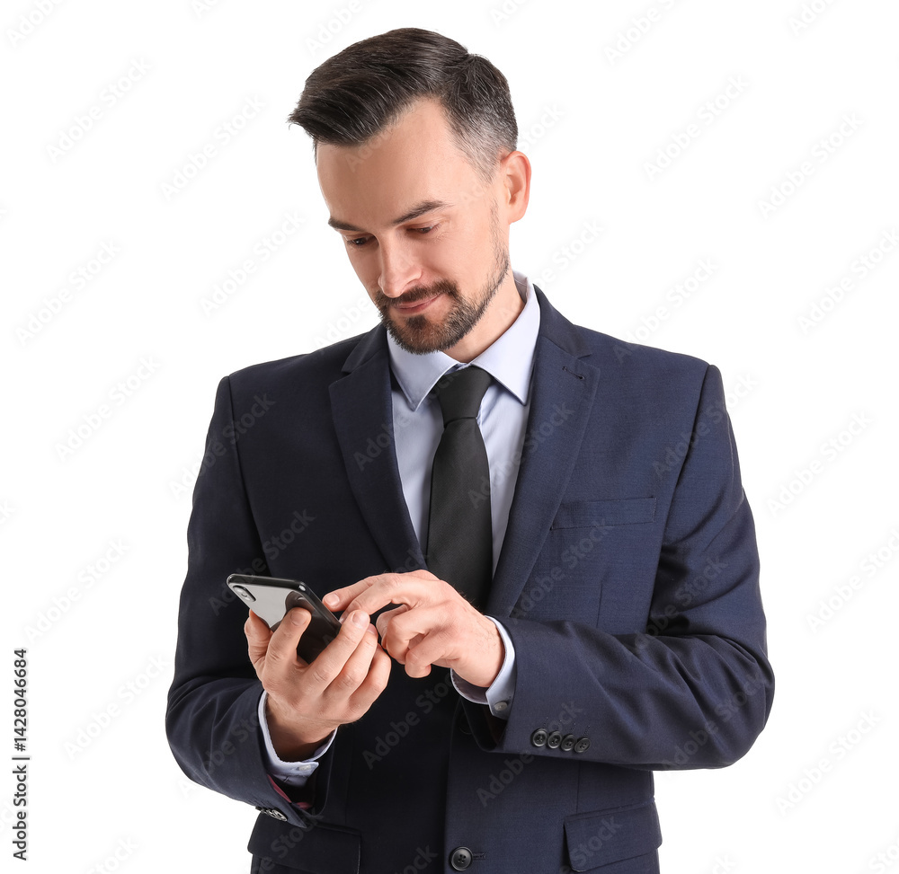 Handsome businessman using mobile phone on white background Handsome businessman using mobile phone on white background
